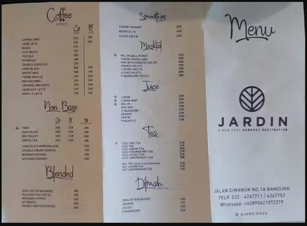 menu minuman jardin cafe bandung